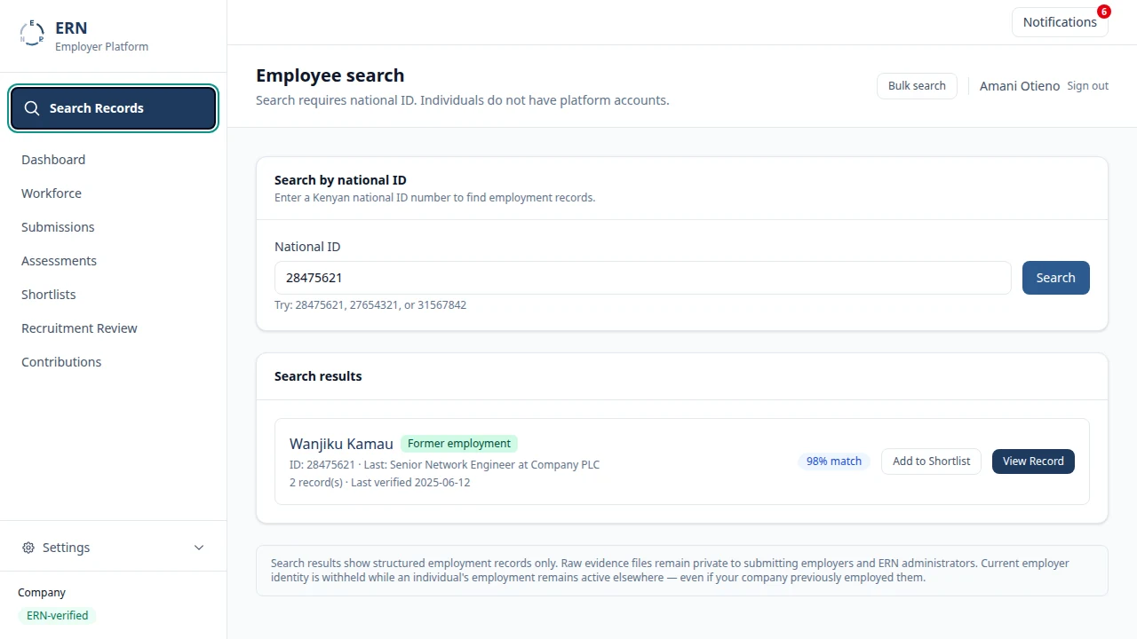 ERN Employer Platform Search Records screen with a national ID search field and a demonstration employment-record result.